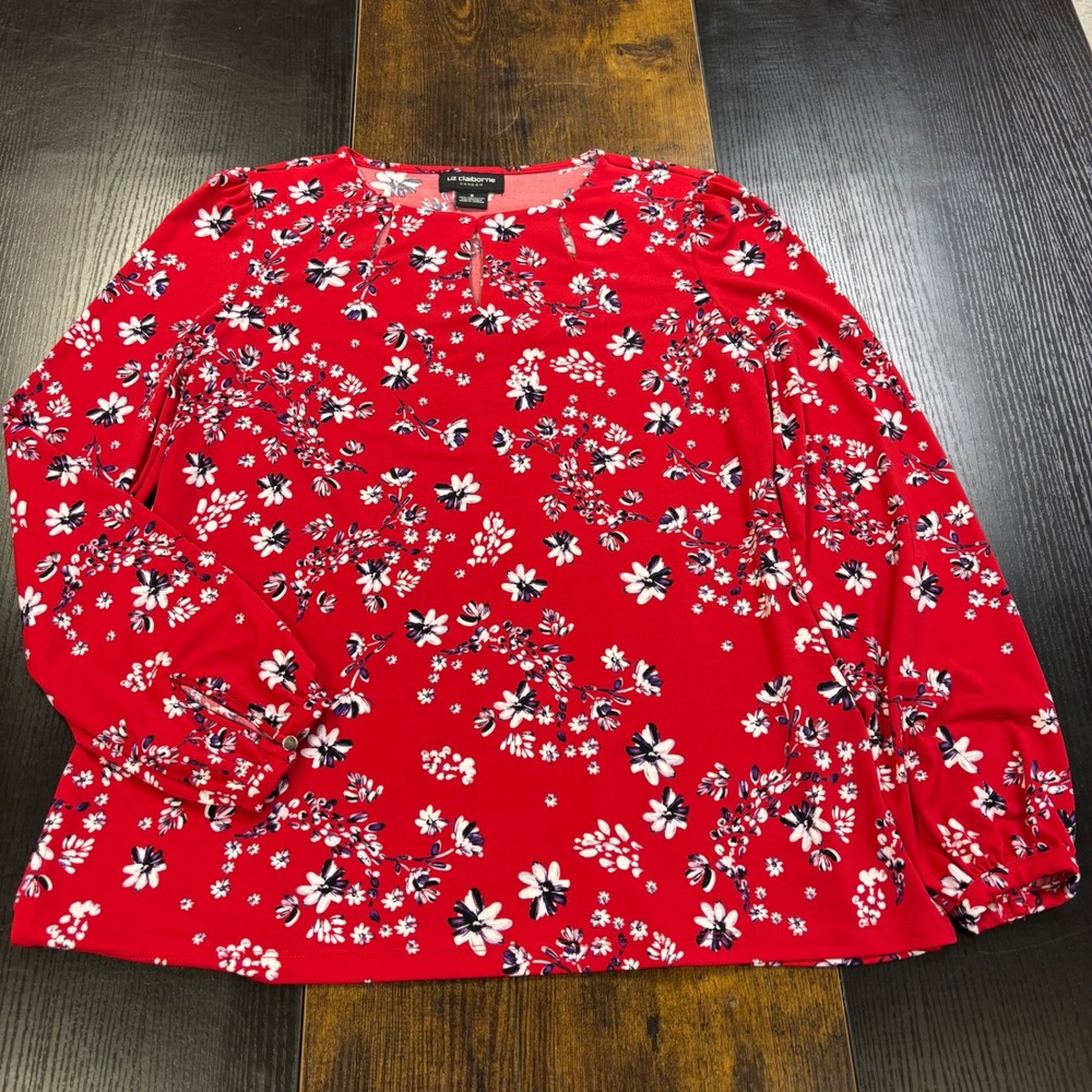 Liz Claiborne Career Work Red Floral Keyhole Neck Long Sleeve Blouse Small